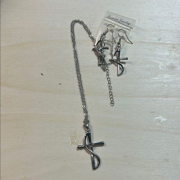 Silver Cross Necklace and Earring Set - Picture 1 of 4